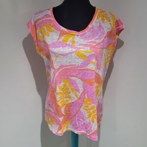 C&C California Women's Linen Colorful T-Shirt Medium White Pink Yellow Casual